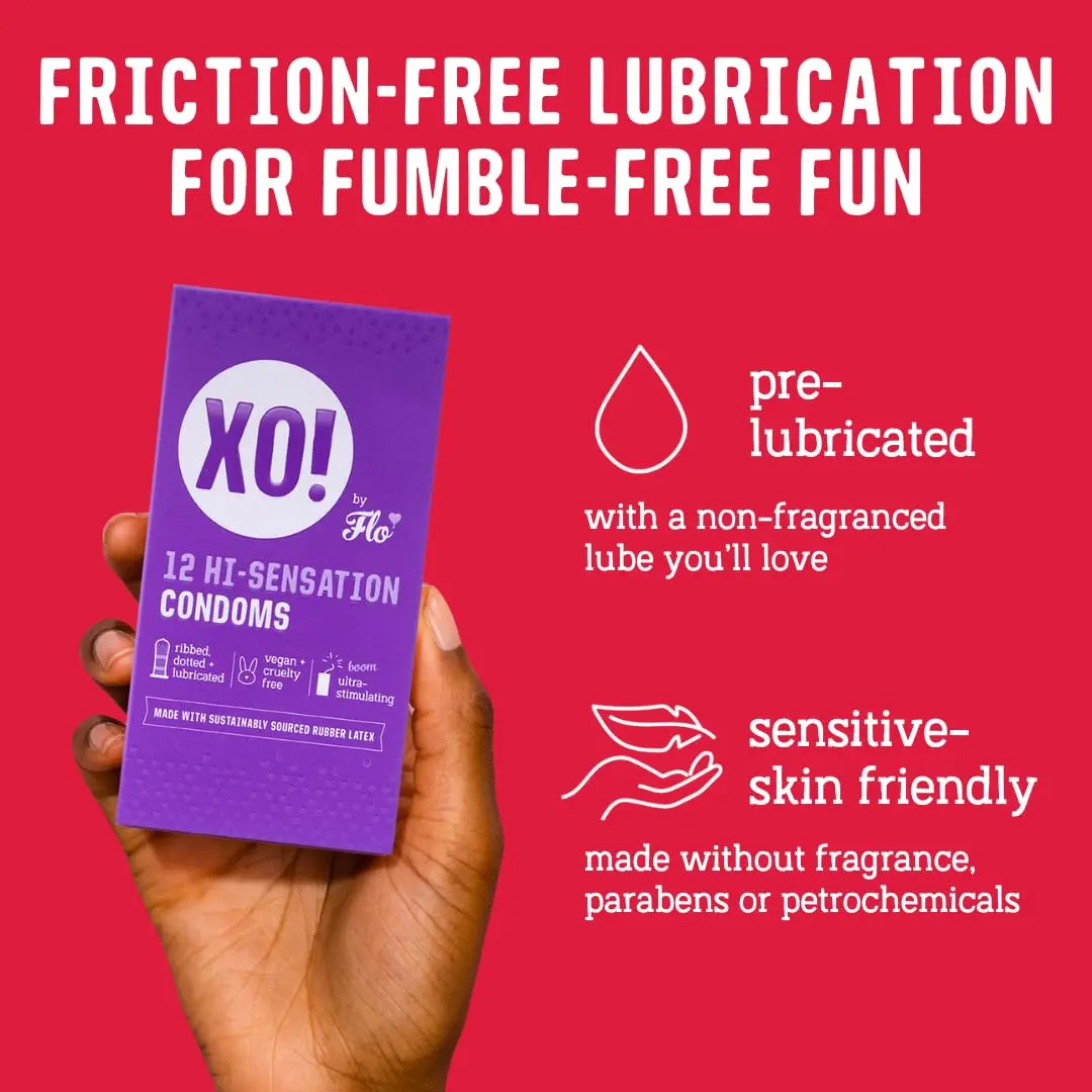 Six-pack of XO! Hi-Sensation ribbed and dotted condoms made from sustainable, natural rubber latex for extra stimulation and a natural feel.