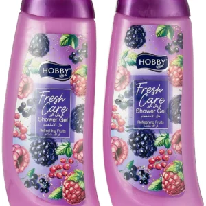 Two bottles of Hobby Refreshing Fruits shower gel body wash, providing daily germ protection and a delightful fruit fragrance for clean, soft, and moisturized skin.