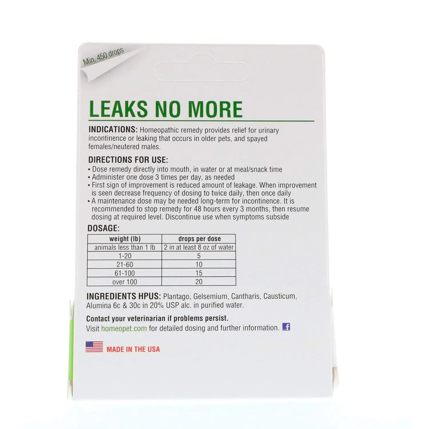 HomeoPet Leaks No More 15 ml bottle for managing pet incontinence.