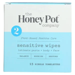 The Honey Pot sensitive feminine wipes provide a gentle and effective way to cleanse and refresh, individually wrapped for on-the-go use, formulated with natural ingredients to soothe, balance pH, and eliminate odor.