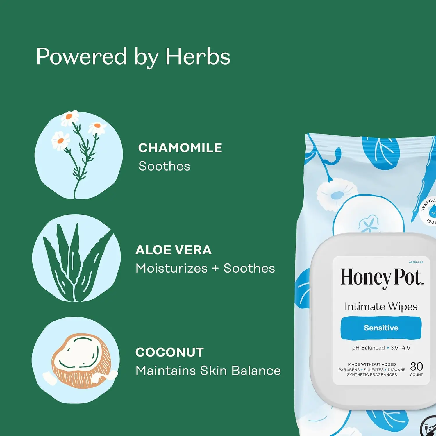 The Honey Pot sensitive feminine wipes are gynecologist-tested, clinically shown to minimize odor, cleanse and refresh the sensitive skin, made with plant-derived and herbal ingredients.