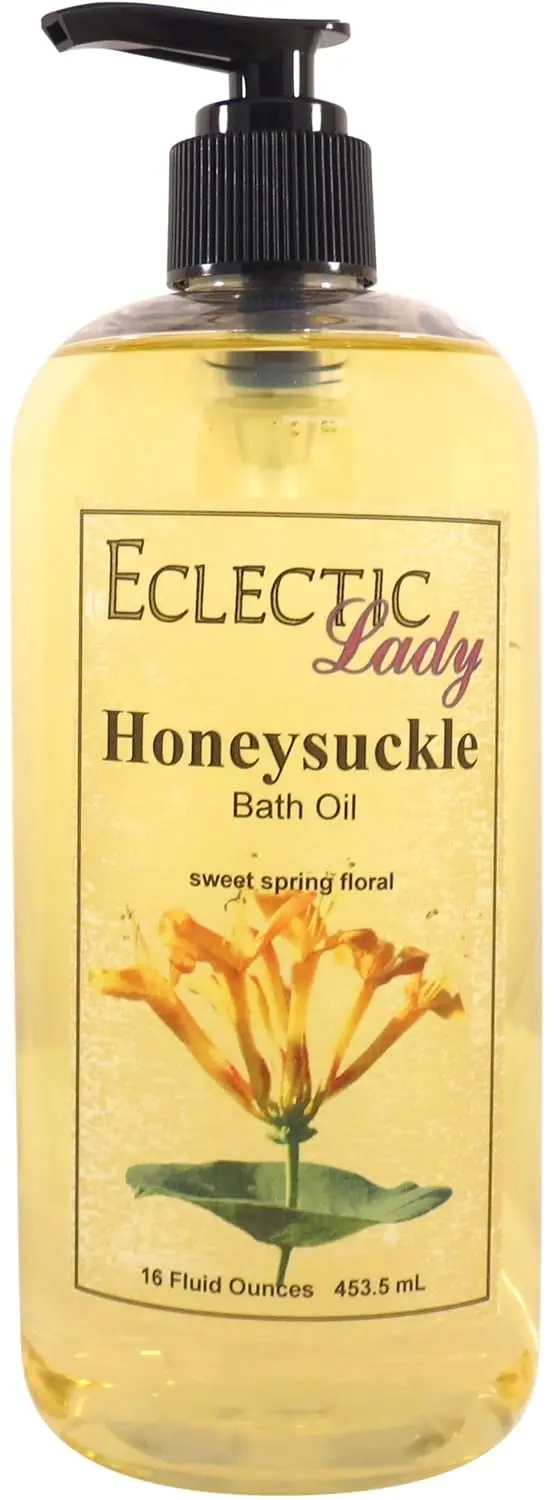 A 16 oz bottle of Eclectic Lady Honeysuckle Bath Oil, a phthalate-free sweetly fragrant spring floral scent.