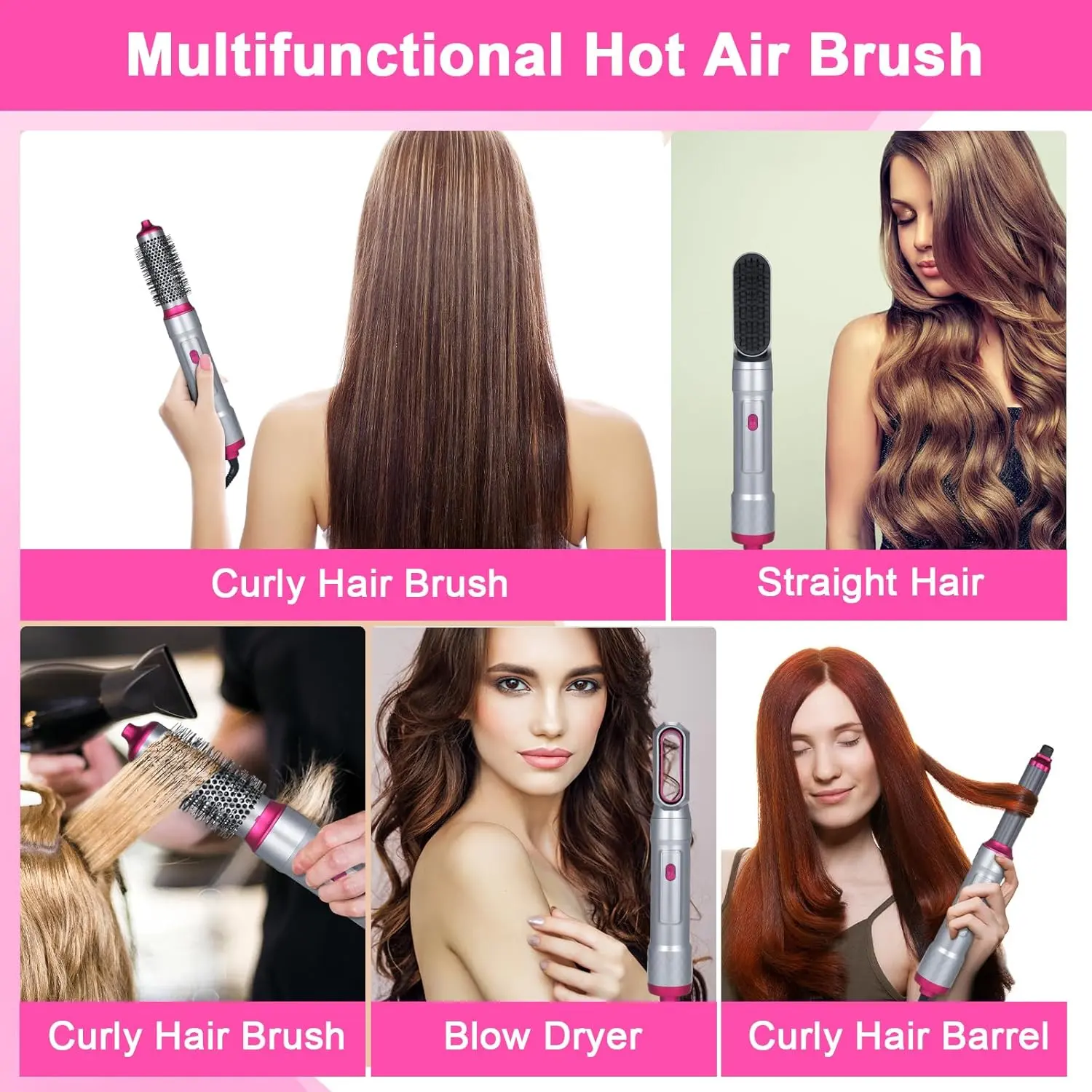 The 5-in-1 hot air comb is a versatile hair styling tool that dries, straightens, curls, and combs hair with automatic suction for easy salon-quality results at home.