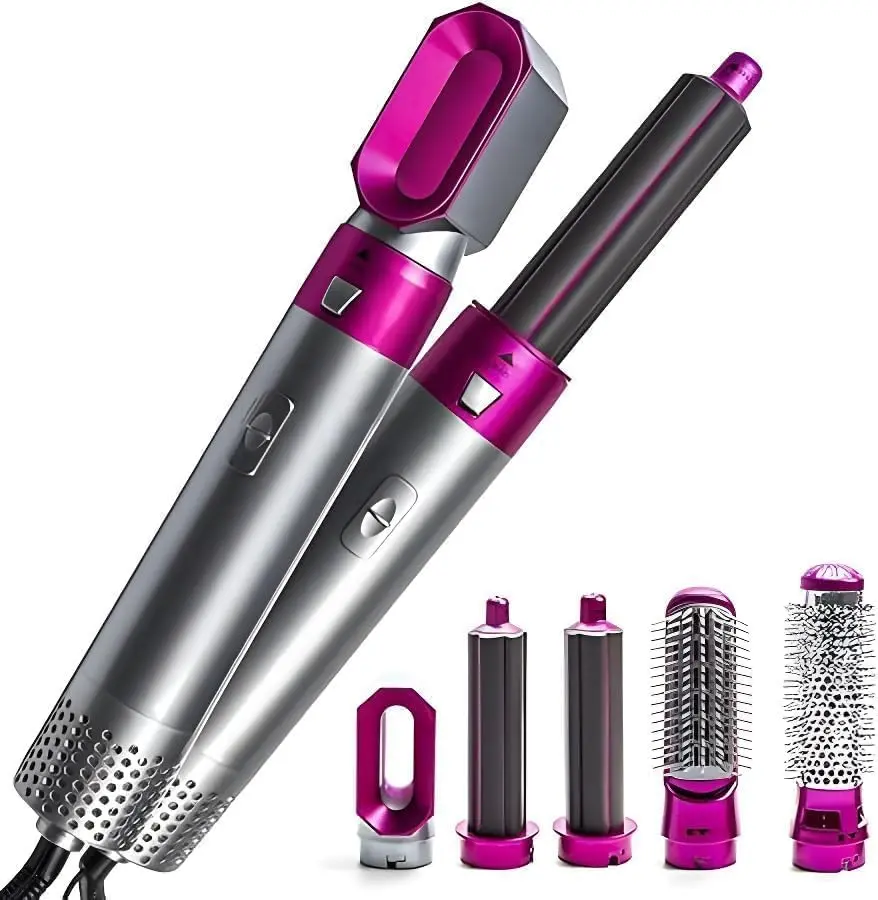 The 5-in-1 hot air hair styler offers multiple attachments for drying, curling, straightening, volumizing, and smoothing hair with controlled airflow and negative ions for reduced frizz and enhanced shine.