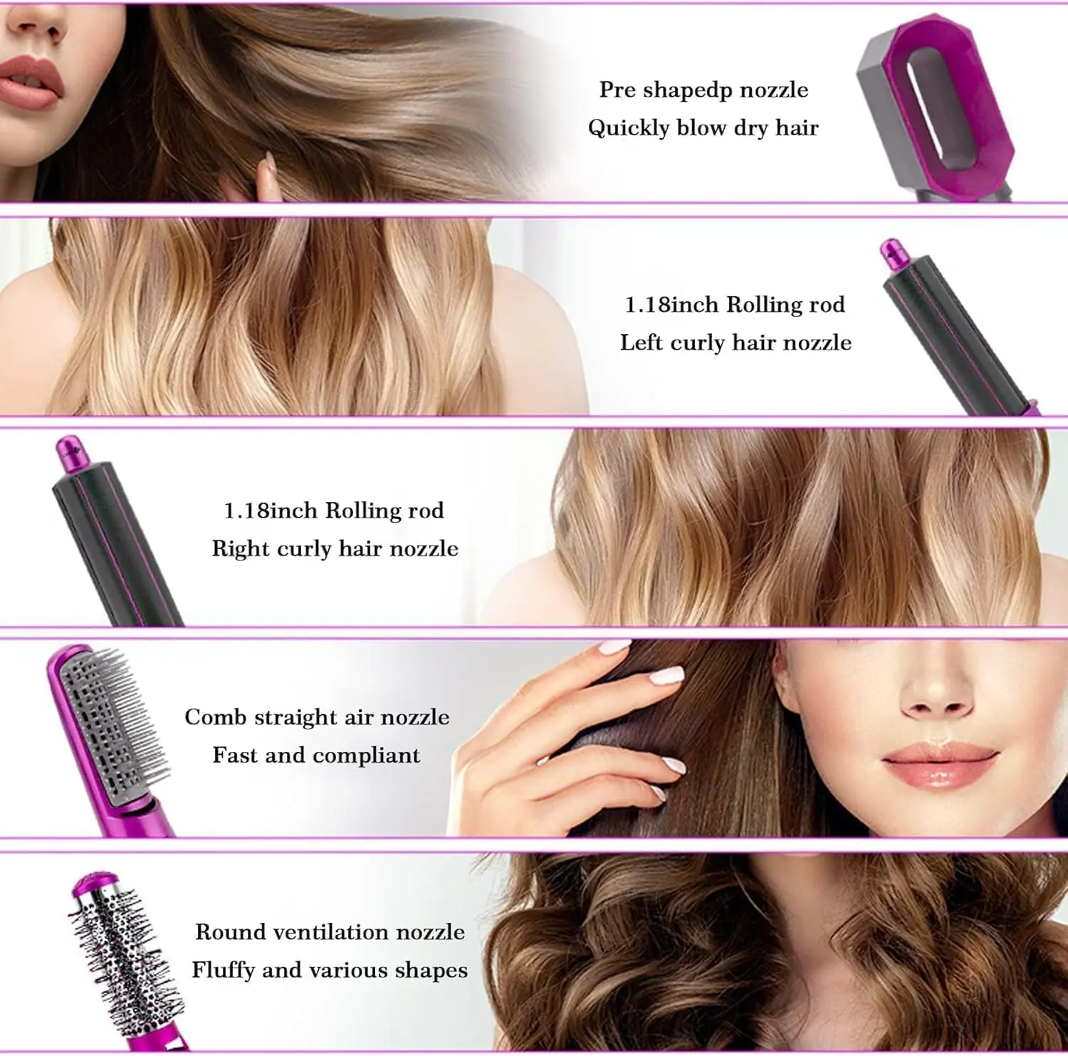 The 5-in-1 hot air hair styler offers multiple attachments for drying, curling, straightening, volumizing, and smoothing hair with controlled airflow and negative ions for reduced frizz and enhanced shine.