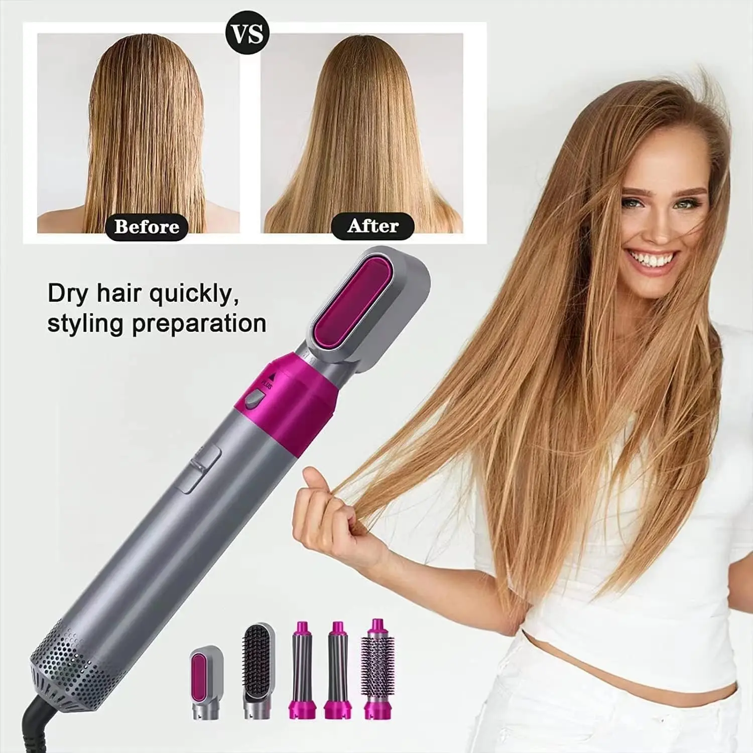The 5-in-1 hot air hair styler offers multiple attachments for drying, curling, straightening, volumizing, and smoothing hair with controlled airflow and negative ions for reduced frizz and enhanced shine.