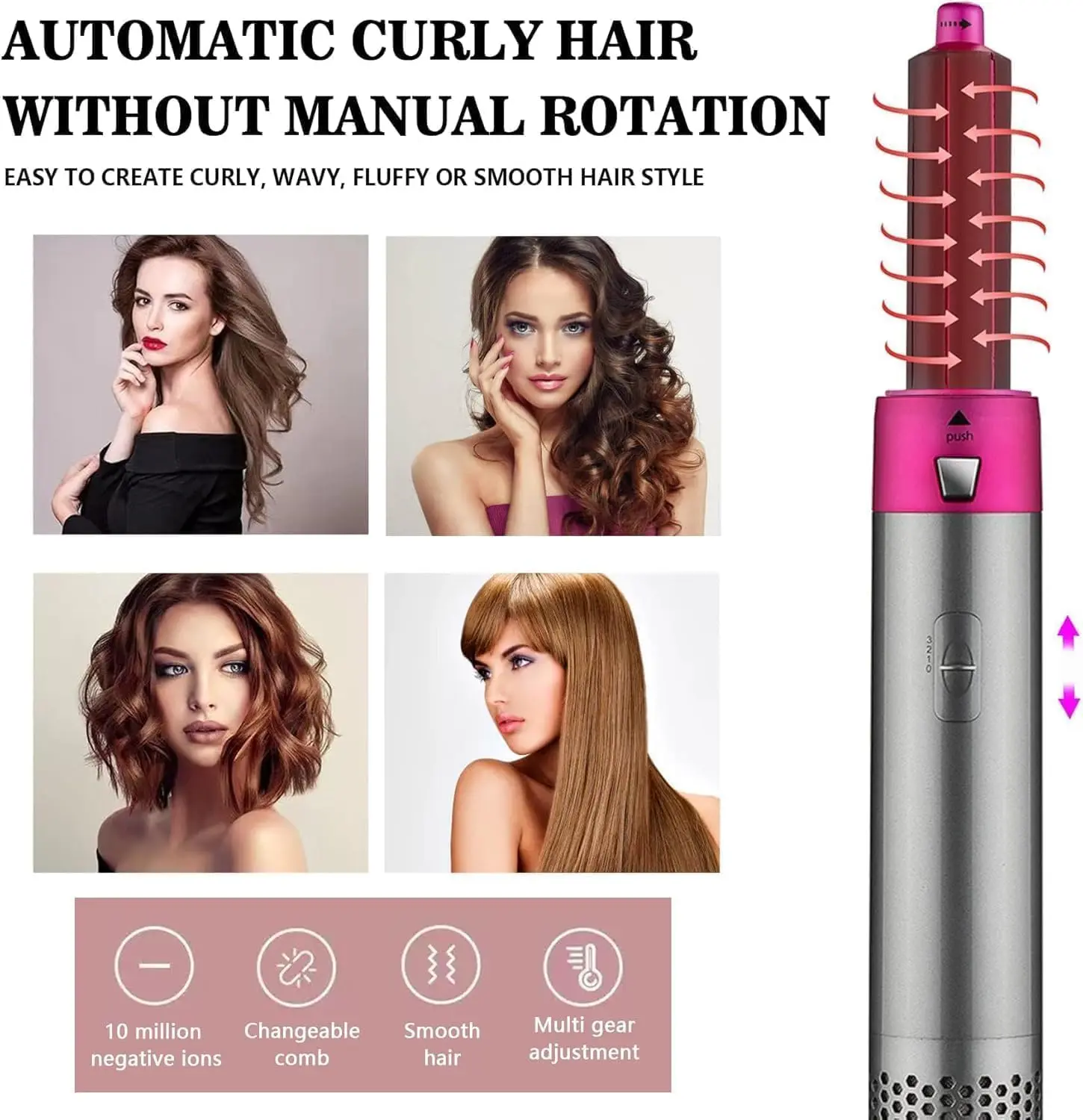 The 5-in-1 hot air hair styler offers multiple attachments for drying, curling, straightening, volumizing, and smoothing hair with controlled airflow and negative ions for reduced frizz and enhanced shine.