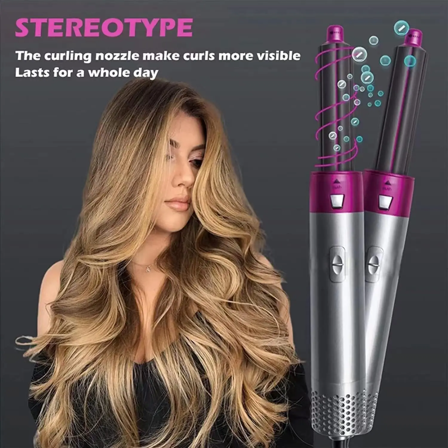 The 5-in-1 hot air hair styler offers multiple attachments for drying, curling, straightening, volumizing, and smoothing hair with controlled airflow and negative ions for reduced frizz and enhanced shine.