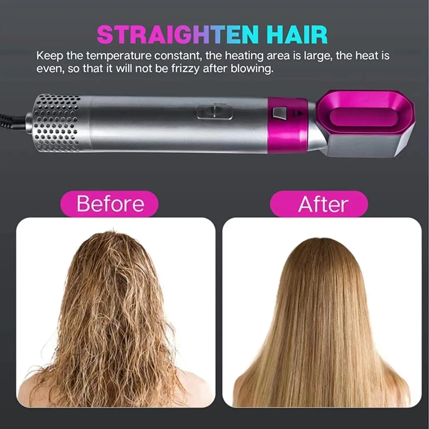 The 5-in-1 hot air hair styler offers multiple attachments for drying, curling, straightening, volumizing, and smoothing hair with controlled airflow and negative ions for reduced frizz and enhanced shine.