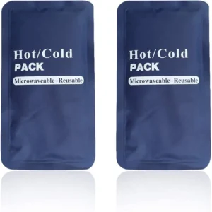 Two blue Levglake reusable gel ice packs sit next to a waterproof bag, ready for hot or cold therapy on the back, shoulder, knee, or other body parts.