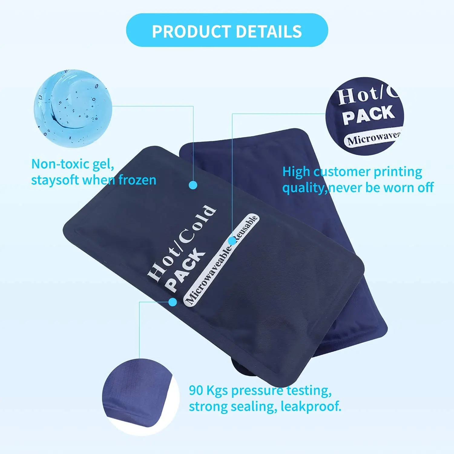 Two blue Levglake reusable gel ice packs sit next to a waterproof bag, ready for hot or cold therapy on the back, shoulder, knee, or other body parts.
