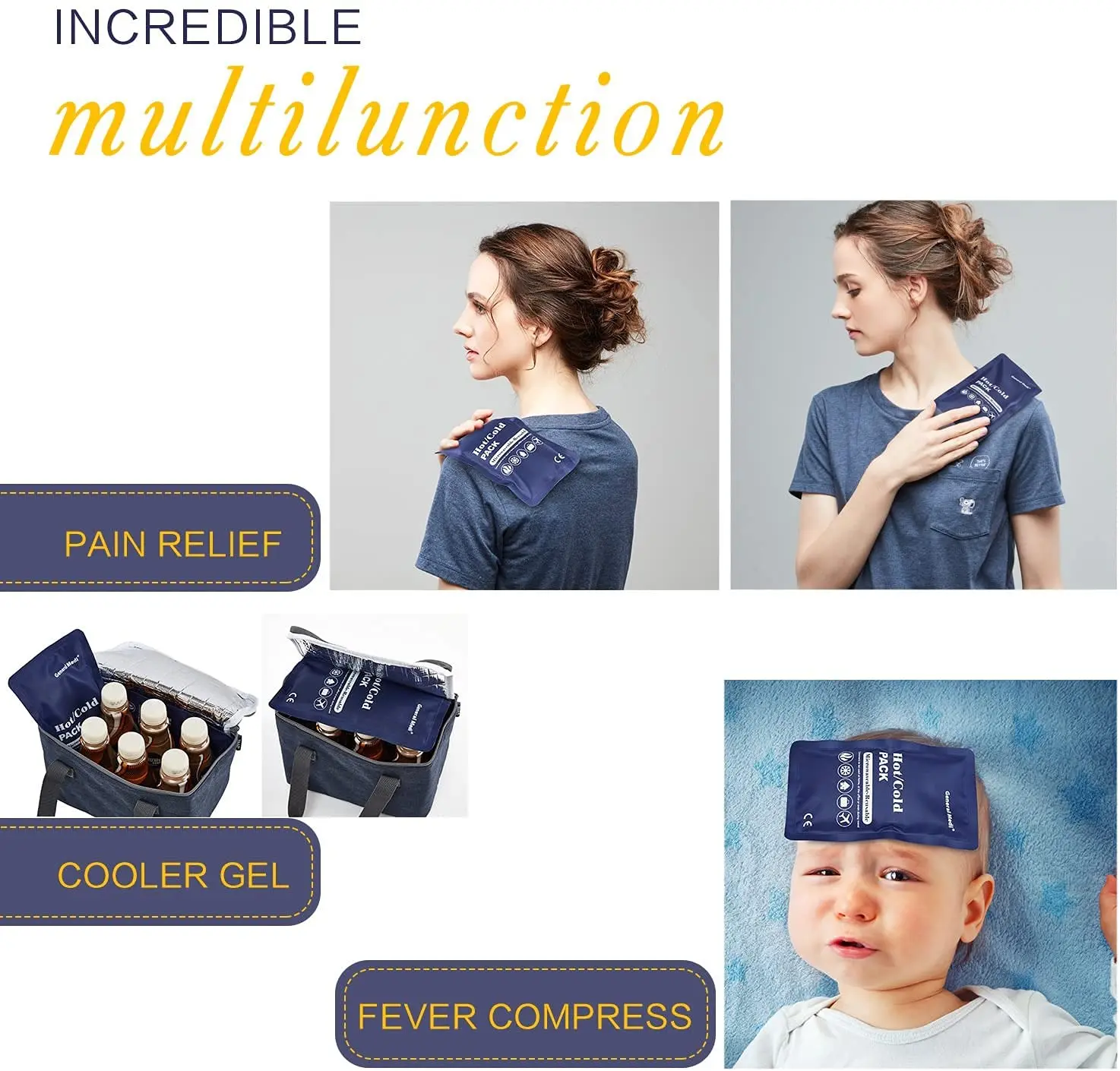 Two blue Levglake reusable gel ice packs sit next to a waterproof bag, ready for hot or cold therapy on the back, shoulder, knee, or other body parts.