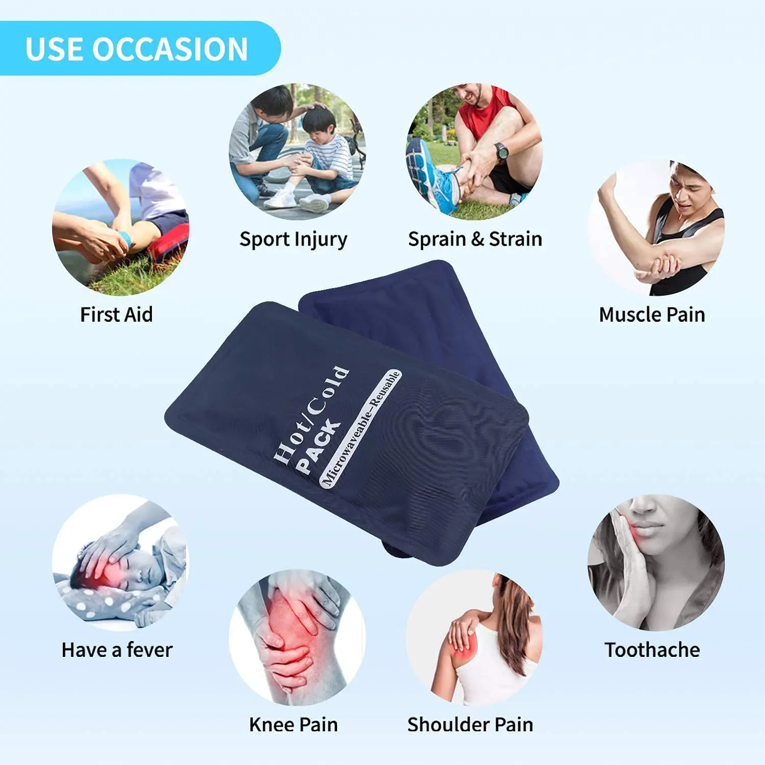 Two blue Levglake reusable gel ice packs sit next to a waterproof bag, ready for hot or cold therapy on the back, shoulder, knee, or other body parts.