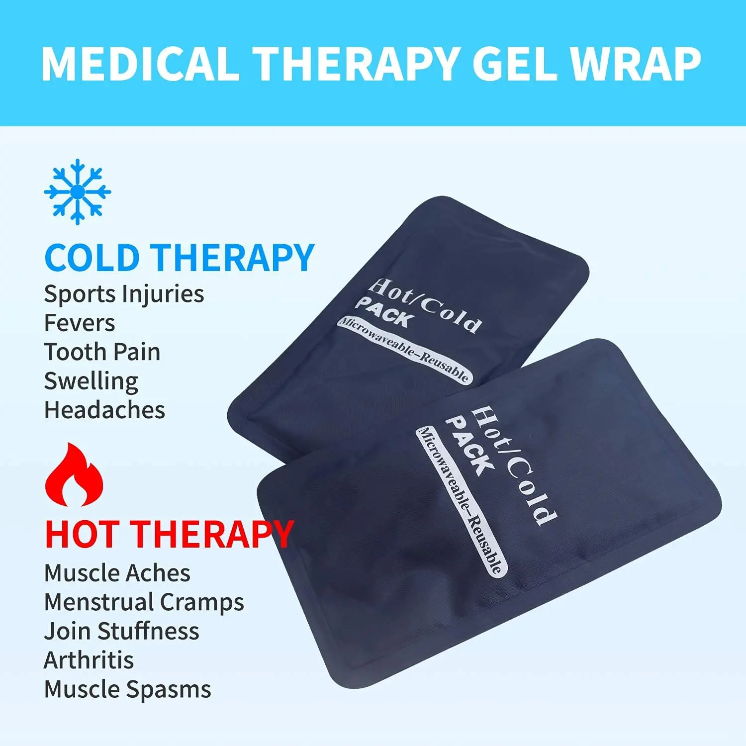 Two blue Levglake reusable gel ice packs sit next to a waterproof bag, ready for hot or cold therapy on the back, shoulder, knee, or other body parts.