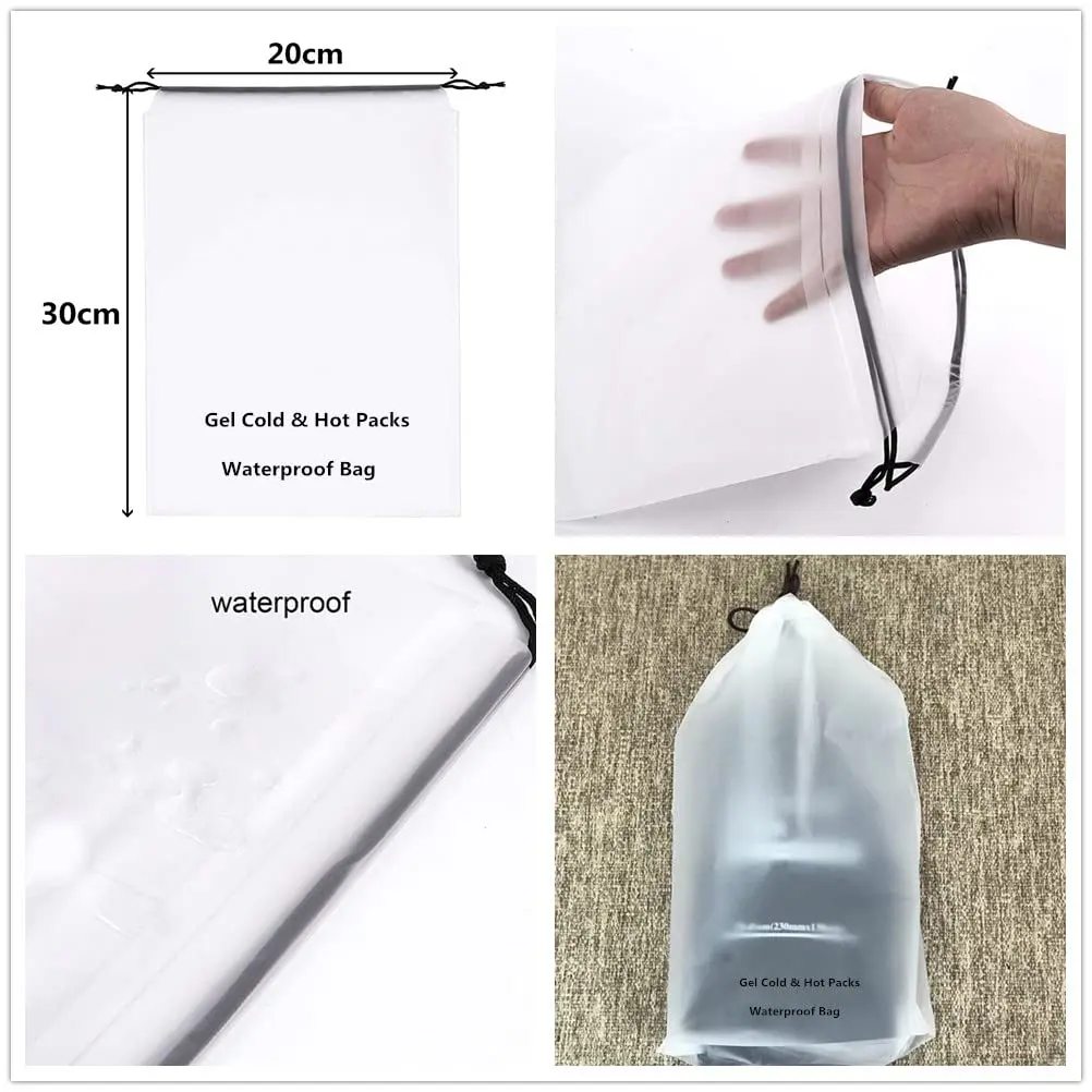 Two blue Levglake reusable gel ice packs sit next to a waterproof bag, ready for hot or cold therapy on the back, shoulder, knee, or other body parts.