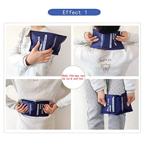 Two blue Levglake reusable gel ice packs sit next to a waterproof bag, ready for hot or cold therapy on the back, shoulder, knee, or other body parts.