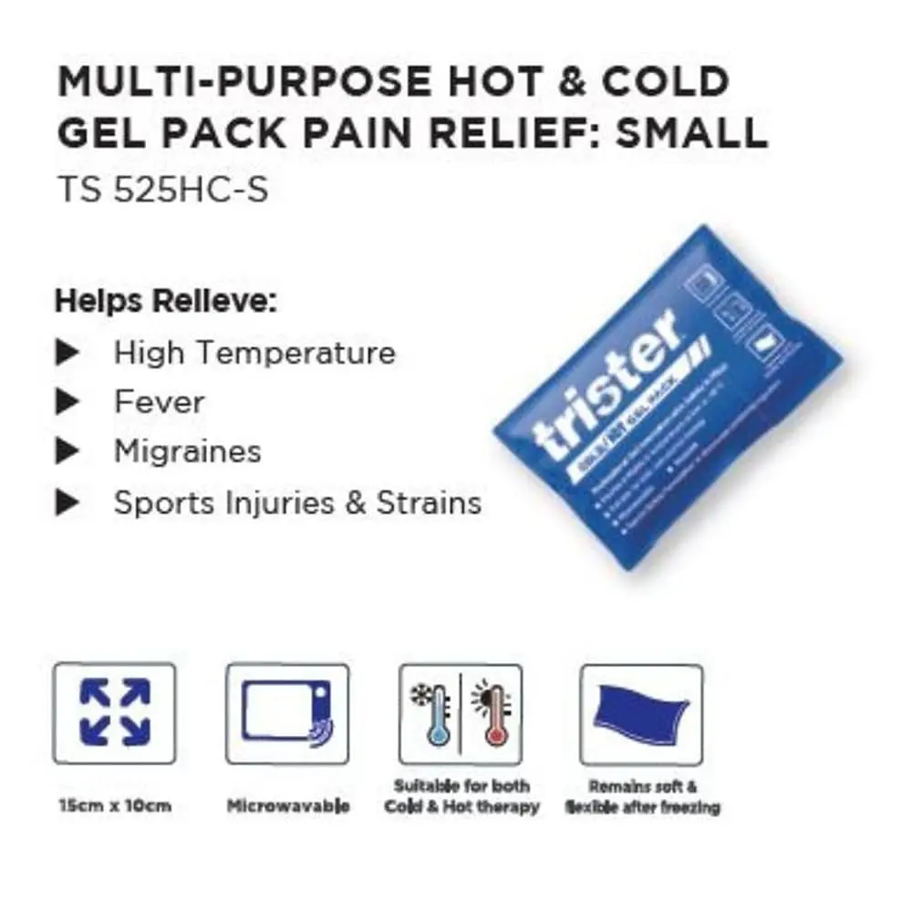 This small, reusable hot and cold gel pack provides flexible pain relief for migraines, fever, and sports injuries; it measures 15x10cm and remains flexible when frozen.