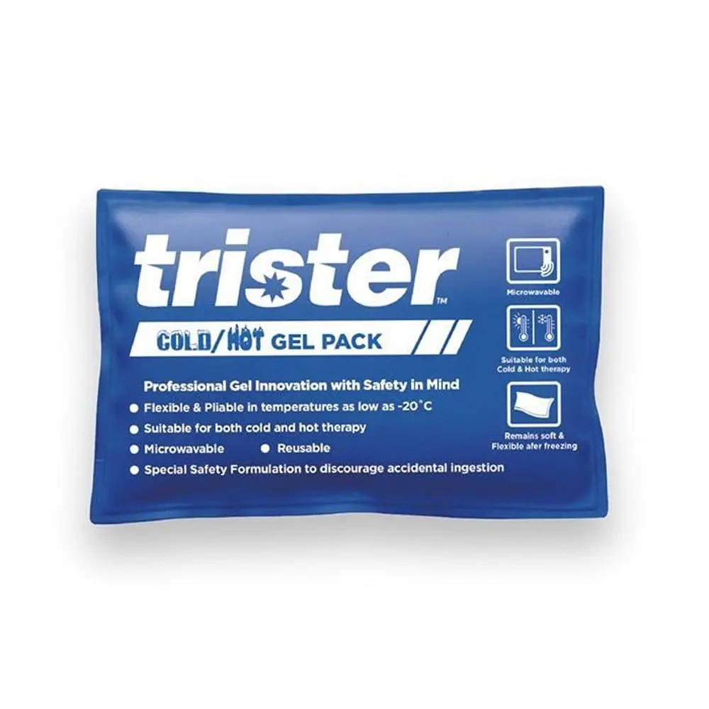 This small, reusable hot and cold gel pack provides flexible pain relief for migraines, fever, and sports injuries; it measures 15x10cm and remains flexible when frozen.