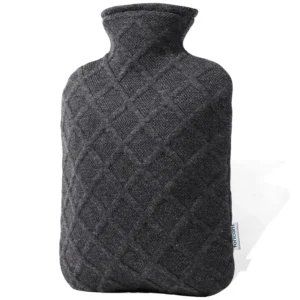 Dark grey hot water bag used for pain relief and menstrual cramps, made of non-toxic PVC for long-lasting insulation and safe use.