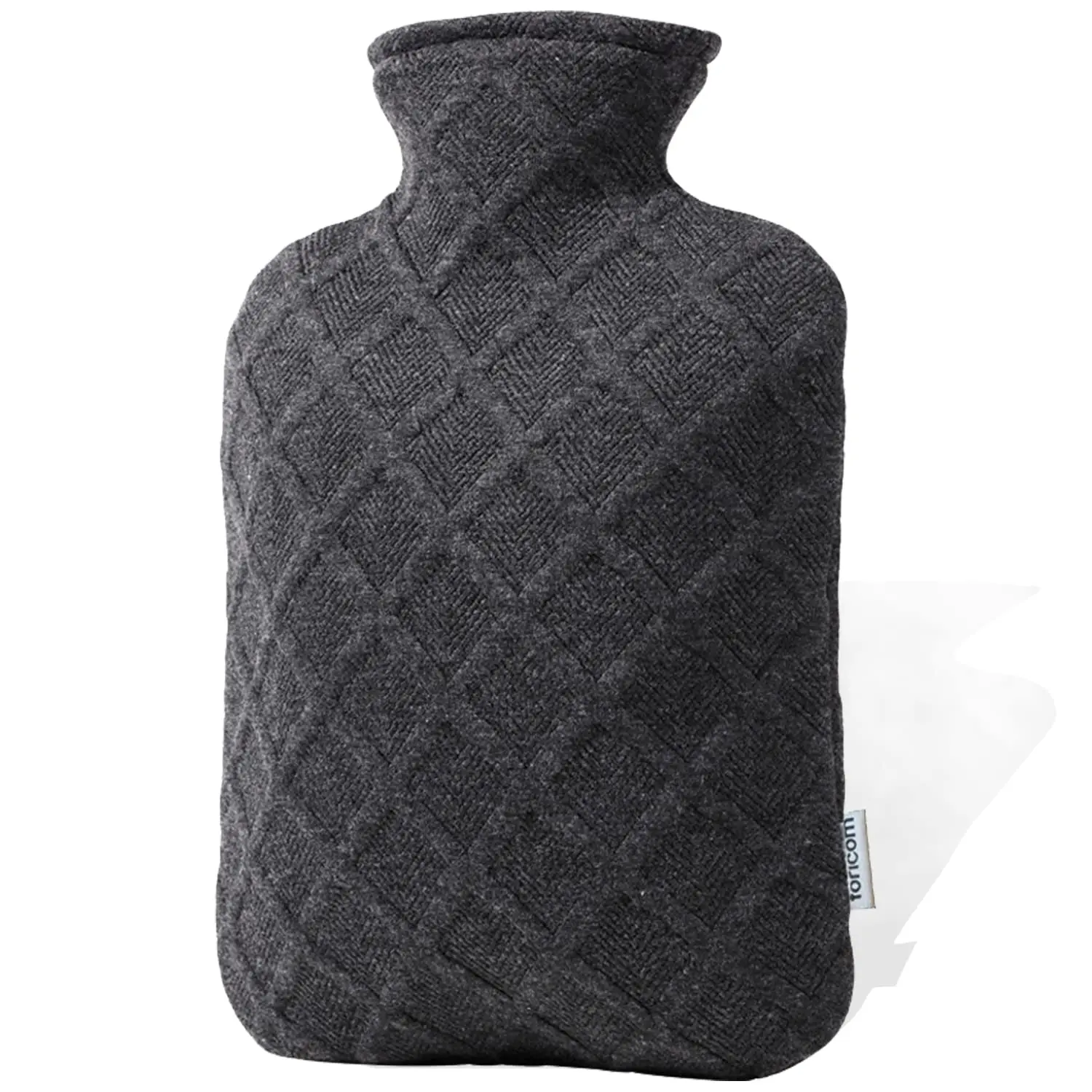 Dark grey hot water bag used for pain relief and menstrual cramps, made of non-toxic PVC for long-lasting insulation and safe use.