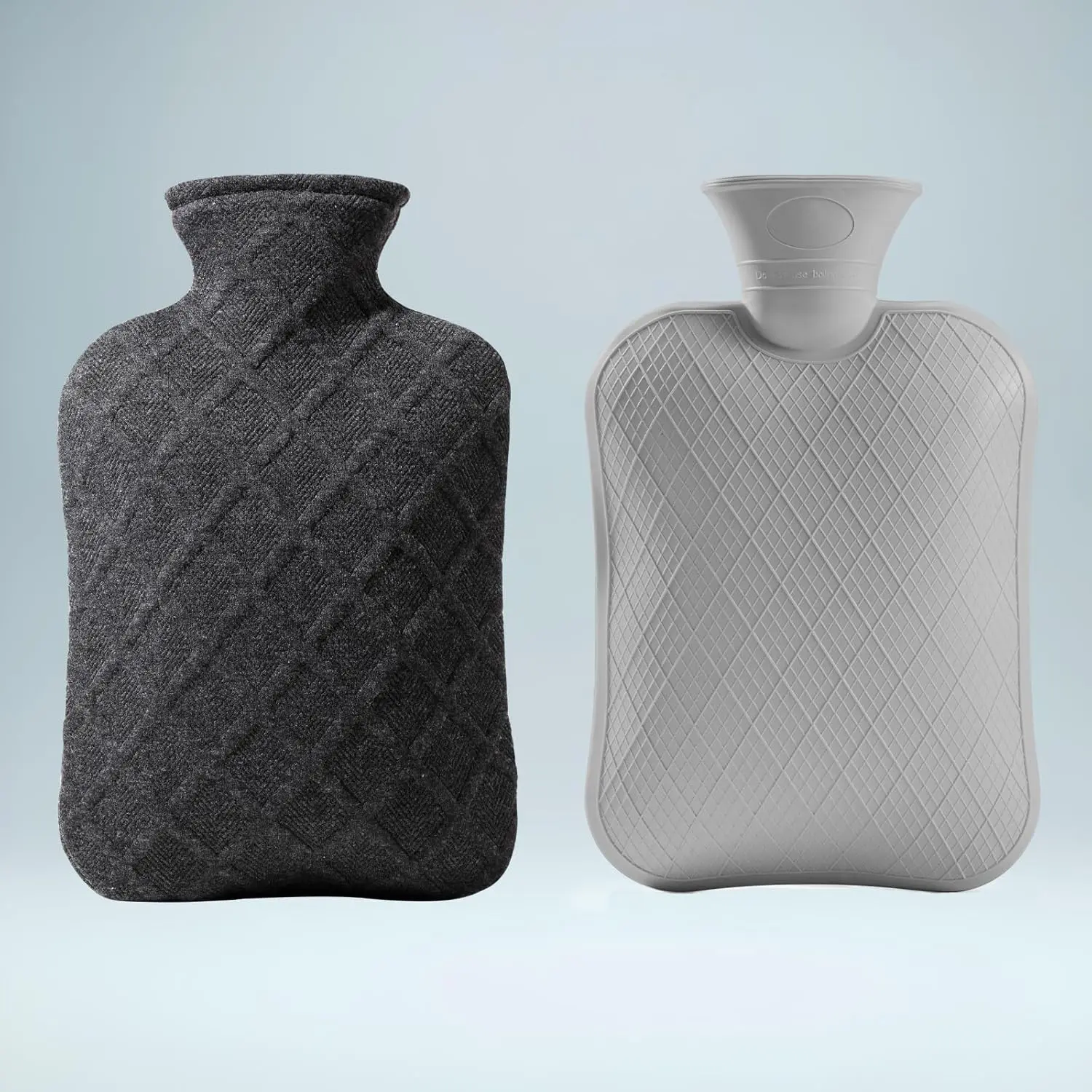 Dark grey hot water bag used for pain relief and menstrual cramps, made of non-toxic PVC for long-lasting insulation and safe use.
