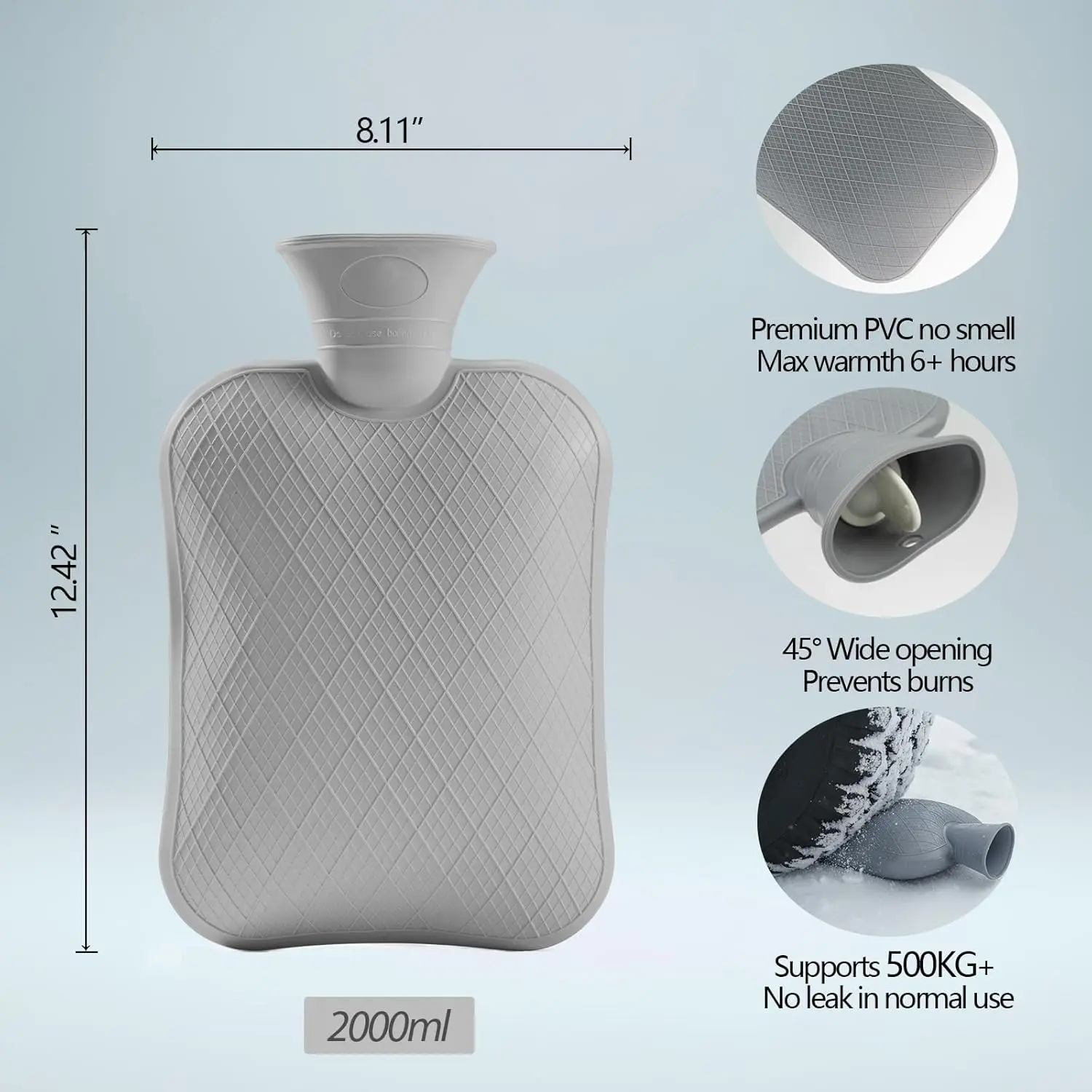 Dark grey hot water bag used for pain relief and menstrual cramps, made of non-toxic PVC for long-lasting insulation and safe use.