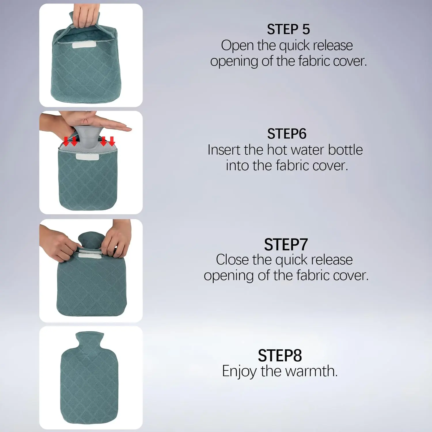 Dark grey hot water bag used for pain relief and menstrual cramps, made of non-toxic PVC for long-lasting insulation and safe use.