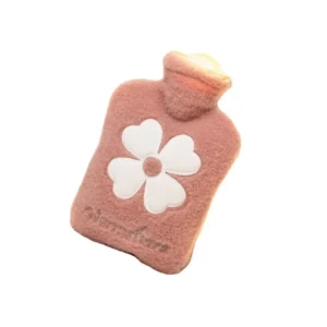 Pink small hot water bottle with a soft, furry cover for warmth and comfort on cold days.