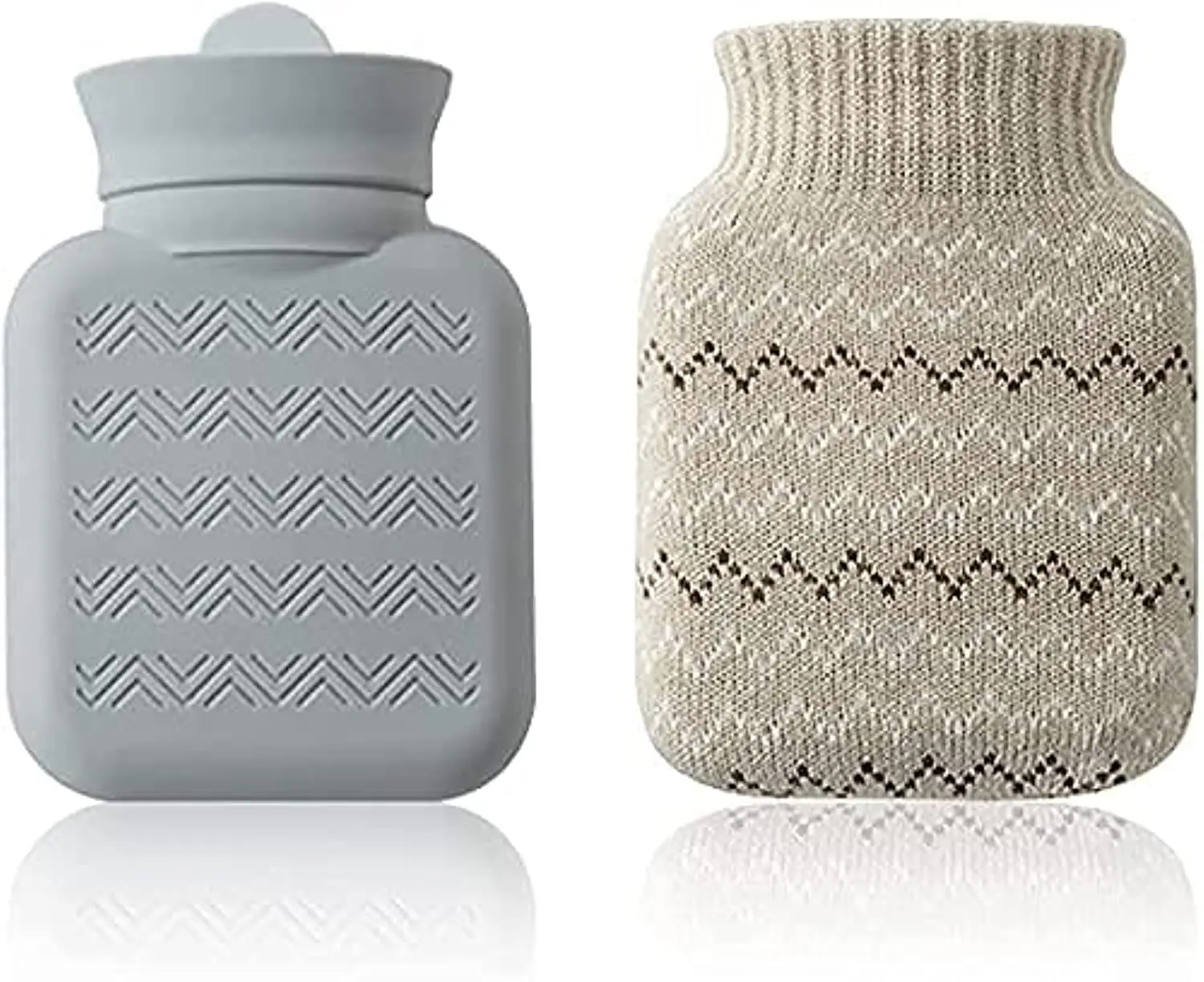 This small grey hot water bottle with a soft knit cover provides comforting warmth for cold feet, cramps, or period pain, and is microwave-safe for easy heating.