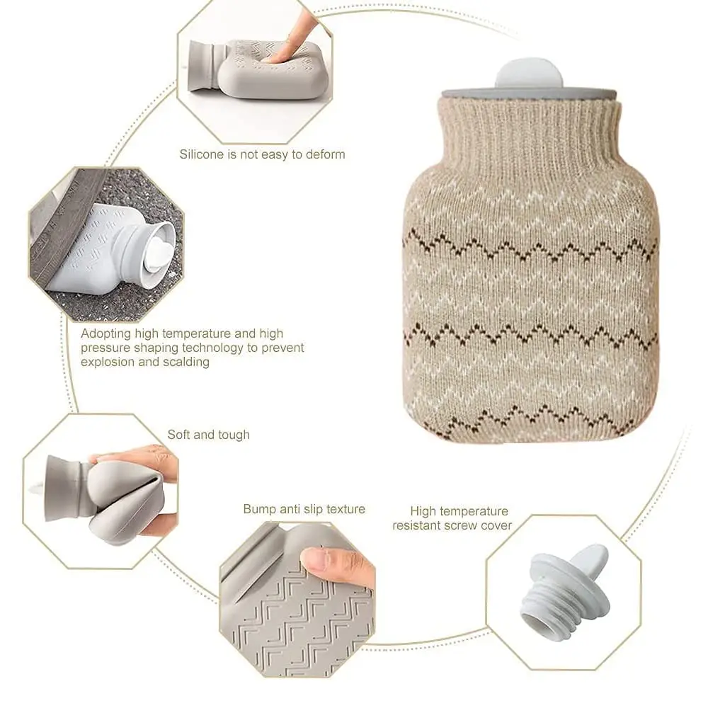 This small grey hot water bottle with a soft knit cover provides comforting warmth for cold feet, cramps, or period pain, and is microwave-safe for easy heating.