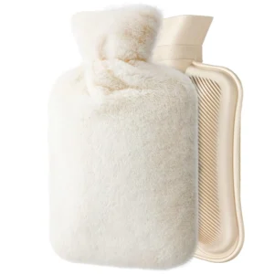 Beige hot water bottle with a soft fleece cover provides soothing relief for pain, cramps, and cold therapy, making it a thoughtful and warm-hearted gift.