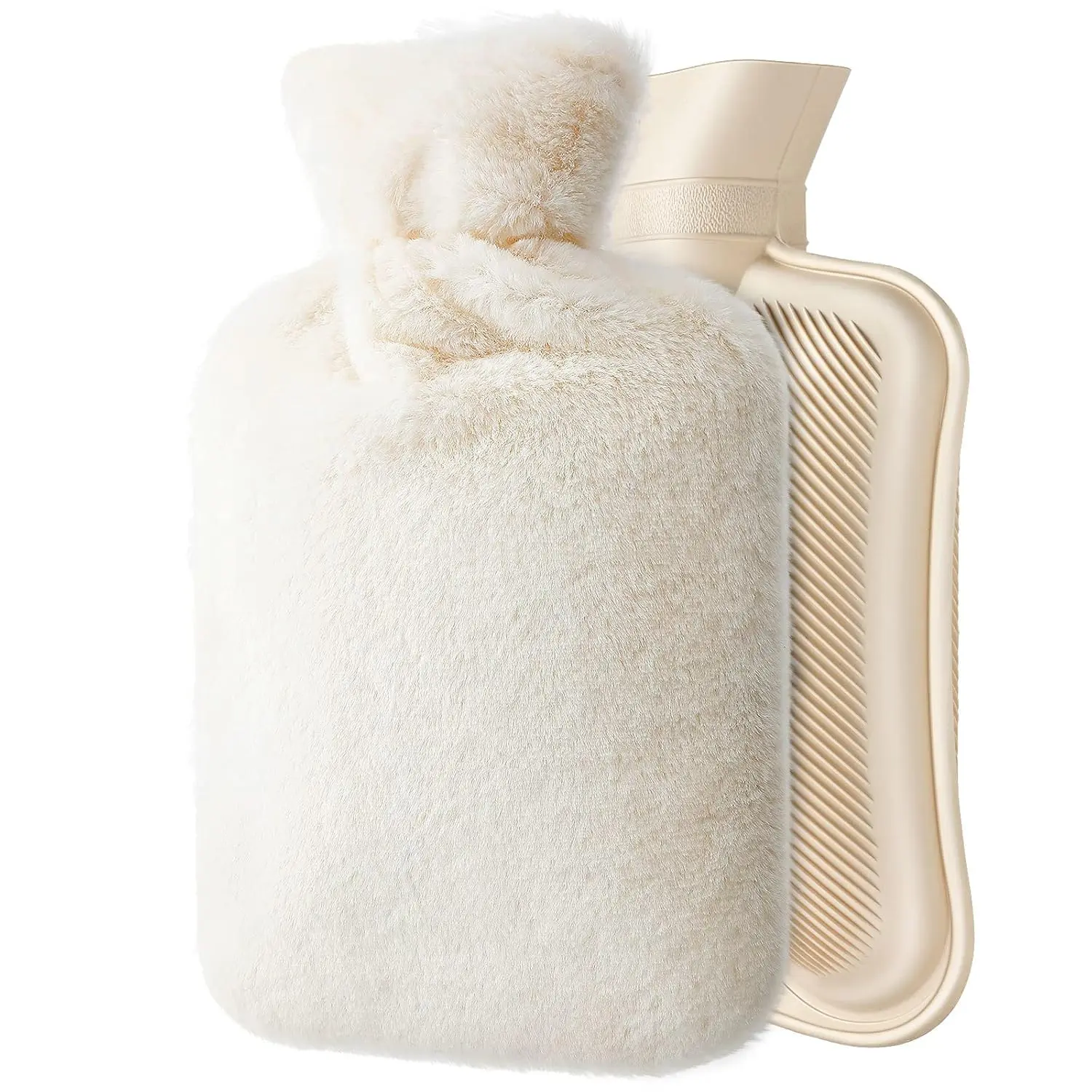 Beige hot water bottle with a soft fleece cover provides soothing relief for pain, cramps, and cold therapy, making it a thoughtful and warm-hearted gift.