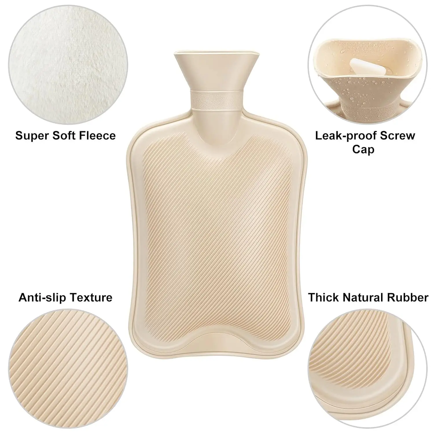 Beige hot water bottle with a soft fleece cover provides soothing relief for pain, cramps, and cold therapy, making it a thoughtful and warm-hearted gift.