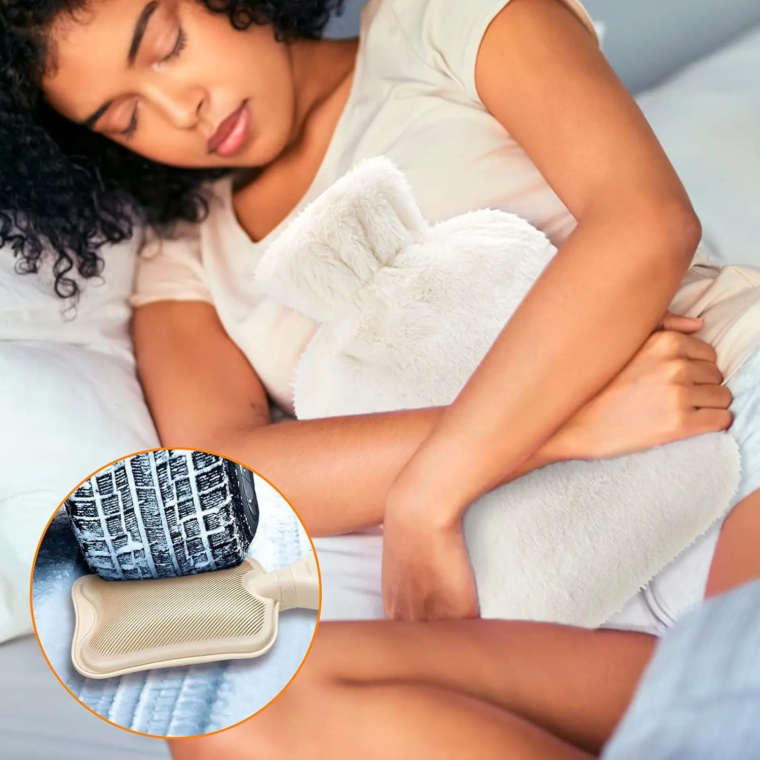 Beige hot water bottle with a soft fleece cover provides soothing relief for pain, cramps, and cold therapy, making it a thoughtful and warm-hearted gift.