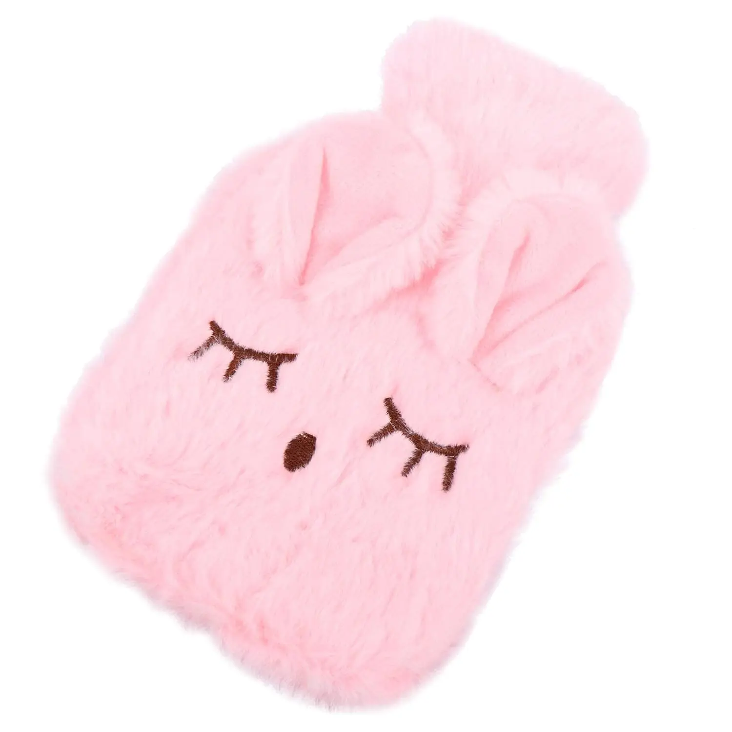 Pink hot water bottle with a detachable plush rabbit cover provides soothing warmth for pain relief from cramps, arthritis, aches, and injuries, also usable as a cold compress.