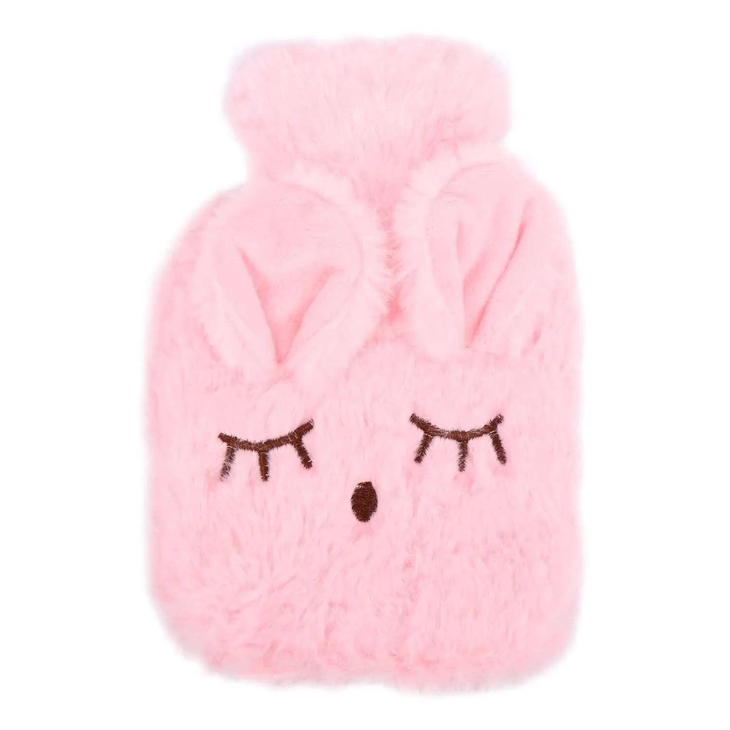 Pink hot water bottle with a detachable plush rabbit cover provides soothing warmth for pain relief from cramps, arthritis, aches, and injuries, also usable as a cold compress.