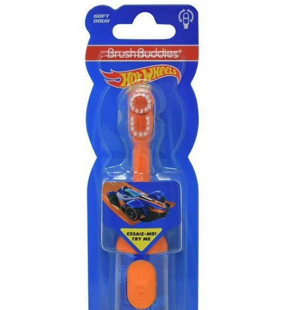 Brush Buddies Hot Wheels electric toothbrush makes brushing fun for kids with its colorful design and soft bristles for gentle cleaning.