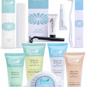 This 200-piece hotel amenities kit features white tea and honey infused shampoo, conditioner, body wash, lotion, soap, dental and shaving kits, and combs, individually packed for guest use in hotels, Airbnb, and vacation rentals.
