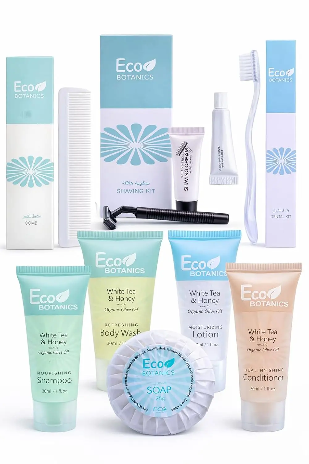 This 200-piece hotel amenities kit features white tea and honey infused shampoo, conditioner, body wash, lotion, soap, dental and shaving kits, and combs, individually packed for guest use in hotels, Airbnb, and vacation rentals.