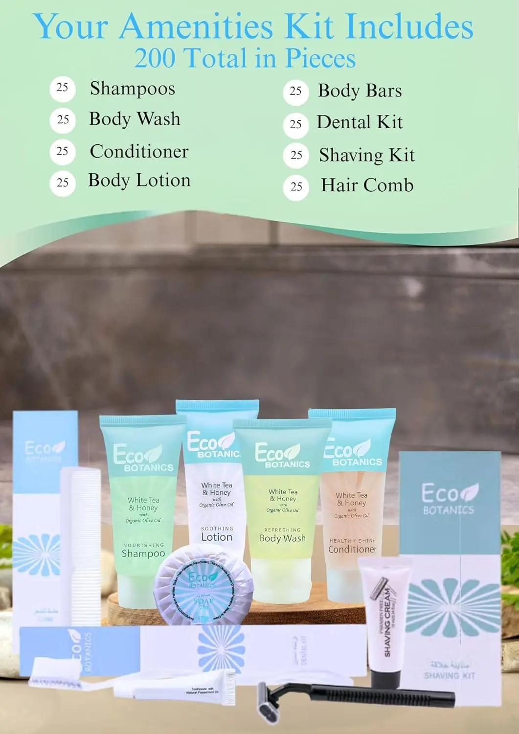 This 200-piece hotel amenities kit features white tea and honey infused shampoo, conditioner, body wash, lotion, soap, dental and shaving kits, and combs, individually packed for guest use in hotels, Airbnb, and vacation rentals.