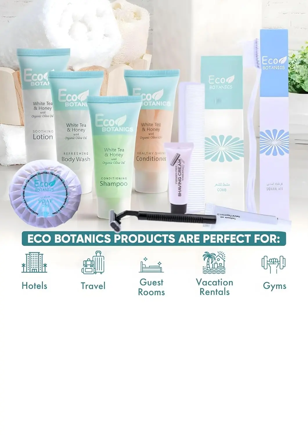 This 200-piece hotel amenities kit features white tea and honey infused shampoo, conditioner, body wash, lotion, soap, dental and shaving kits, and combs, individually packed for guest use in hotels, Airbnb, and vacation rentals.