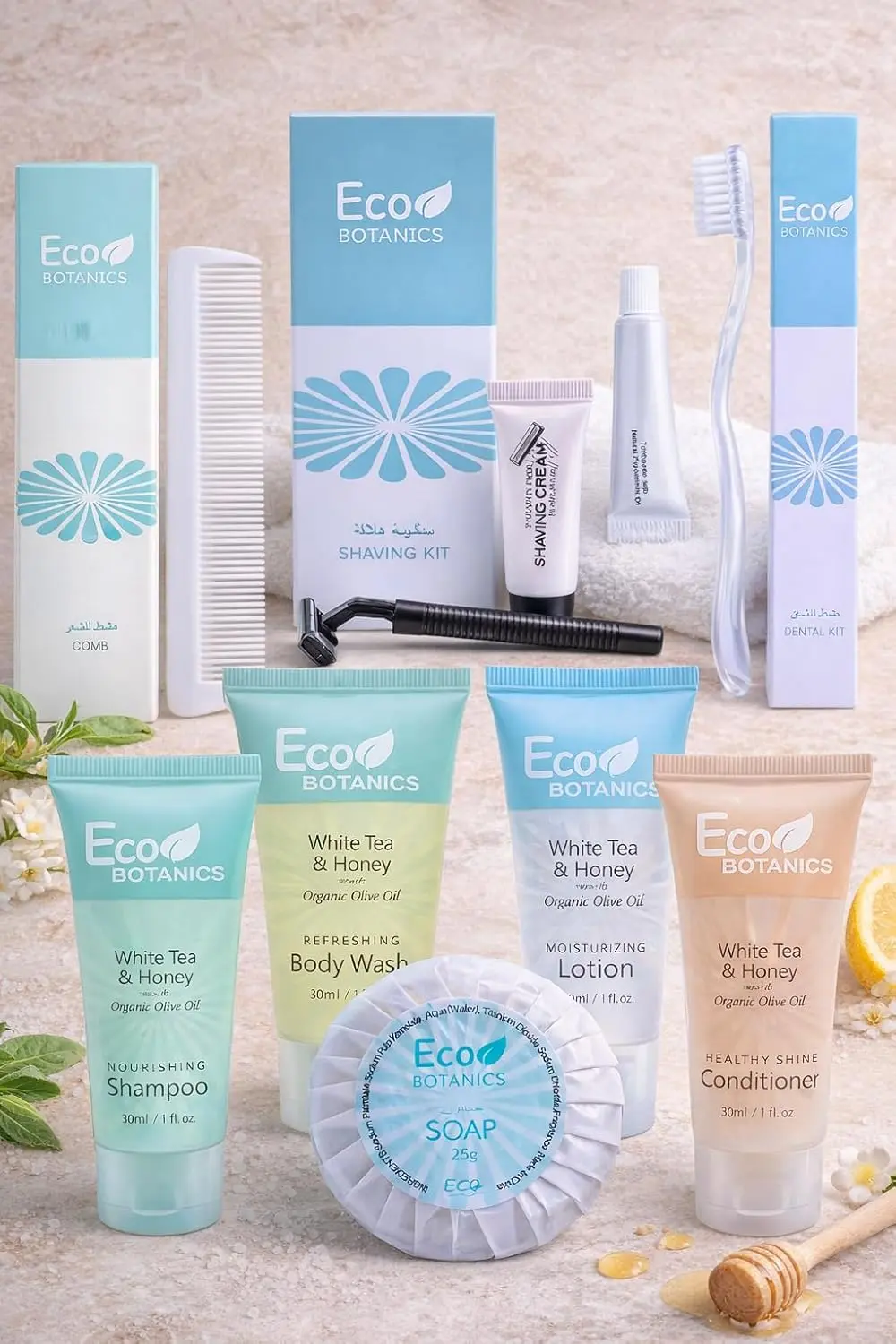This 200-piece hotel amenities kit features white tea and honey infused shampoo, conditioner, body wash, lotion, soap, dental and shaving kits, and combs, individually packed for guest use in hotels, Airbnb, and vacation rentals.