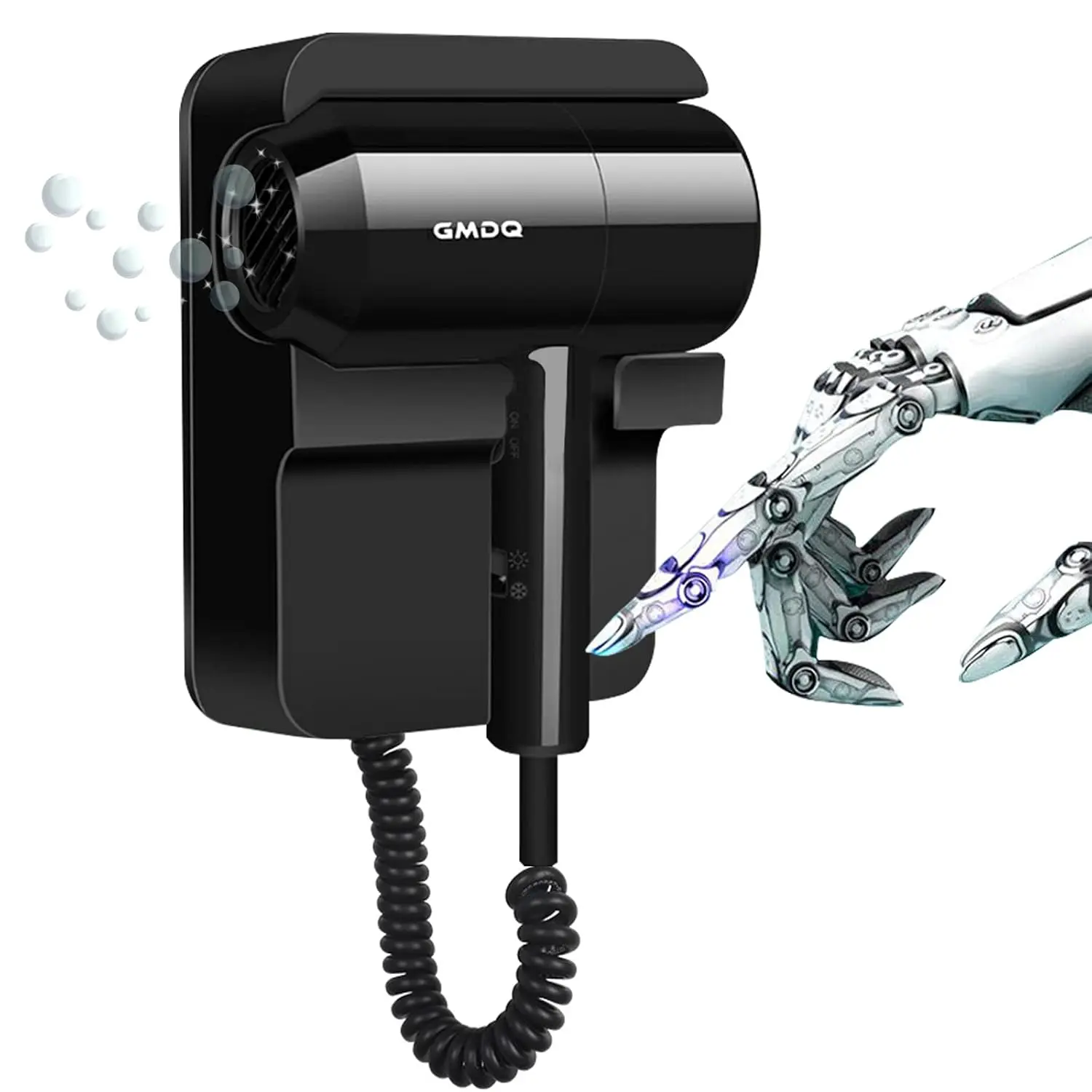 This black hotel wall mounted hair dryer comes with a stand rack, massage air cushion comb, screws and 3M adhesive for easy and safe installation in bathrooms and restrooms.