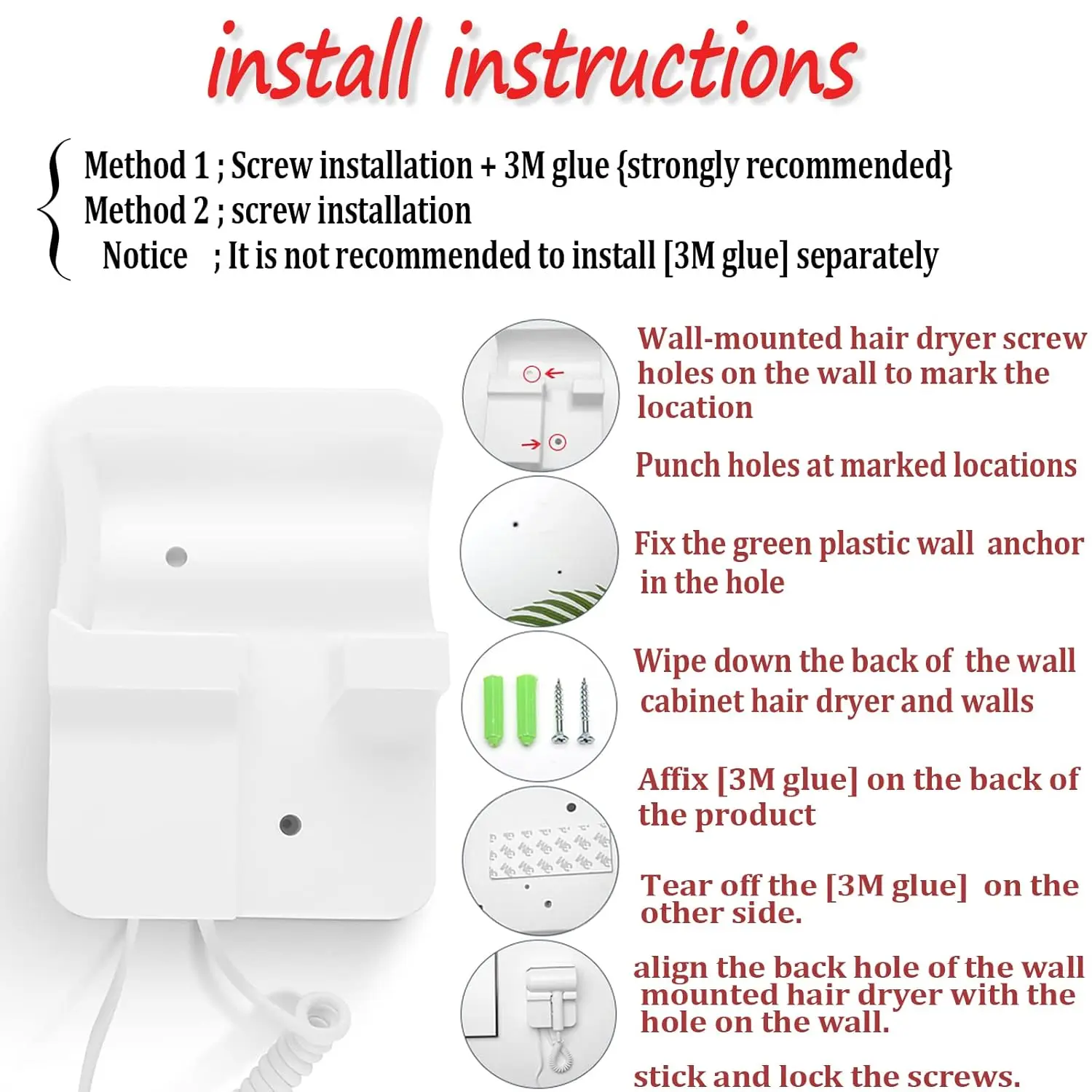 This black hotel wall mounted hair dryer comes with a stand rack, massage air cushion comb, screws and 3M adhesive for easy and safe installation in bathrooms and restrooms.