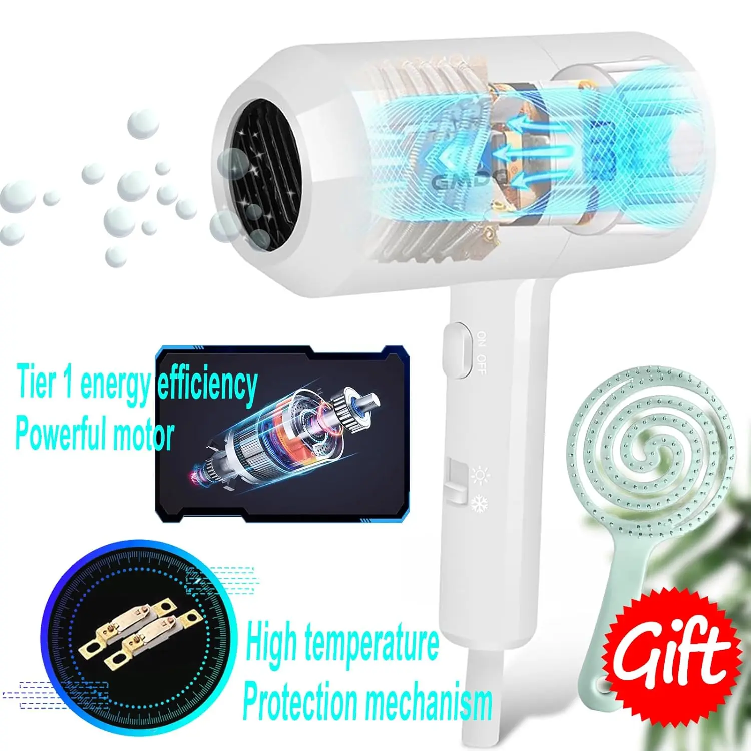 This black hotel wall mounted hair dryer comes with a stand rack, massage air cushion comb, screws and 3M adhesive for easy and safe installation in bathrooms and restrooms.