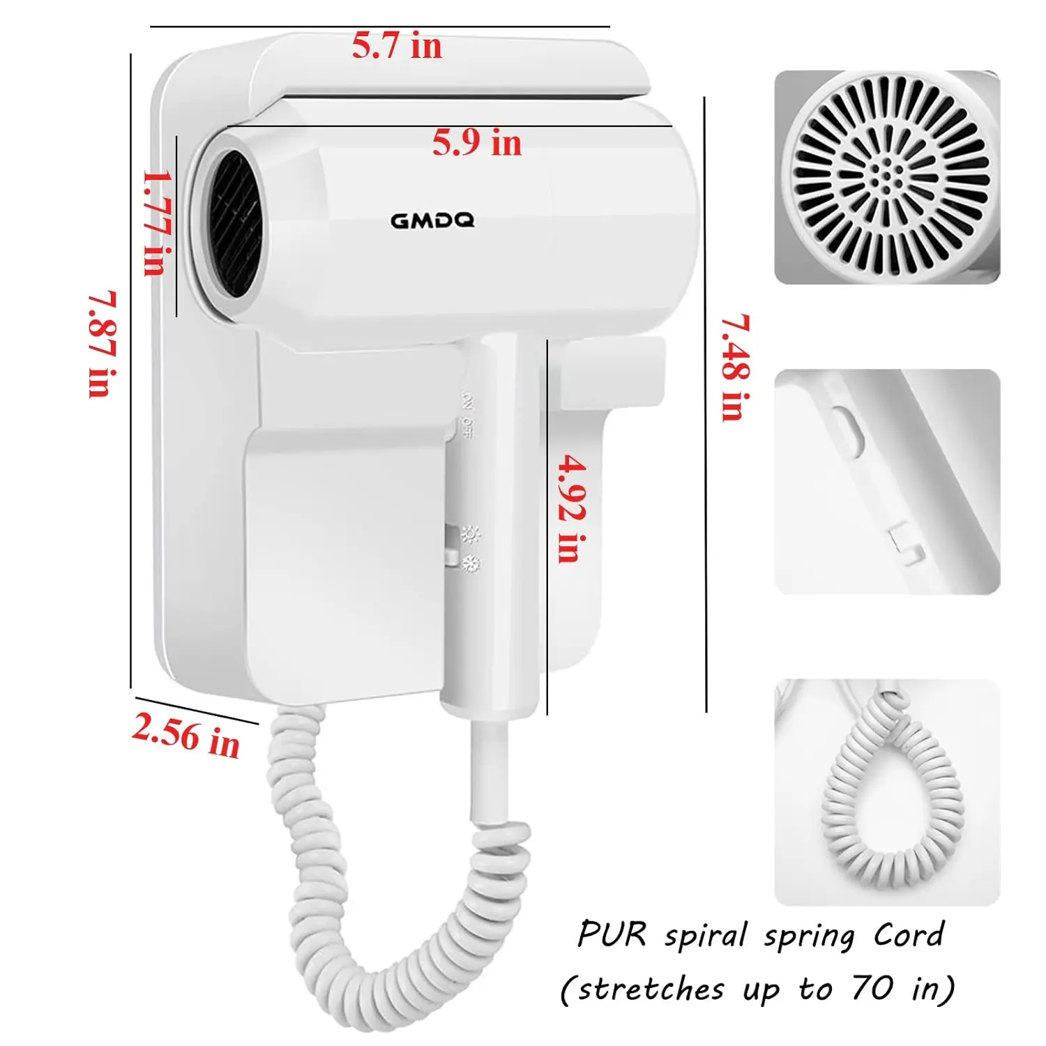 This black hotel wall mounted hair dryer comes with a stand rack, massage air cushion comb, screws and 3M adhesive for easy and safe installation in bathrooms and restrooms.
