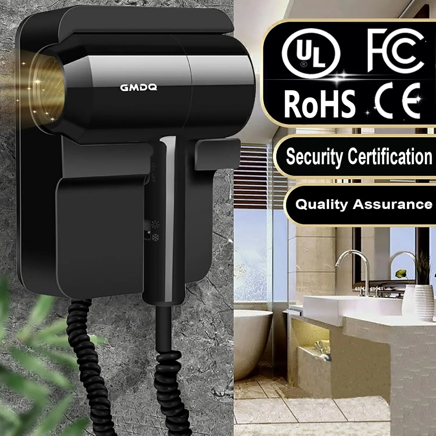 This black hotel wall mounted hair dryer comes with a stand rack, massage air cushion comb, screws and 3M adhesive for easy and safe installation in bathrooms and restrooms.