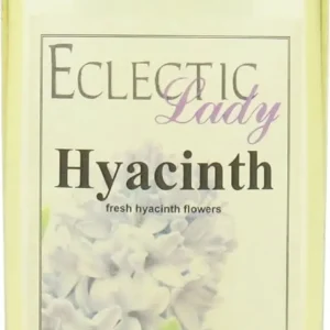 An 8 oz bottle of Hyacinth bath oil, handmade in the USA with sweet almond and organic jojoba oils, offering a captivating and phthalate-free floral fragrance.