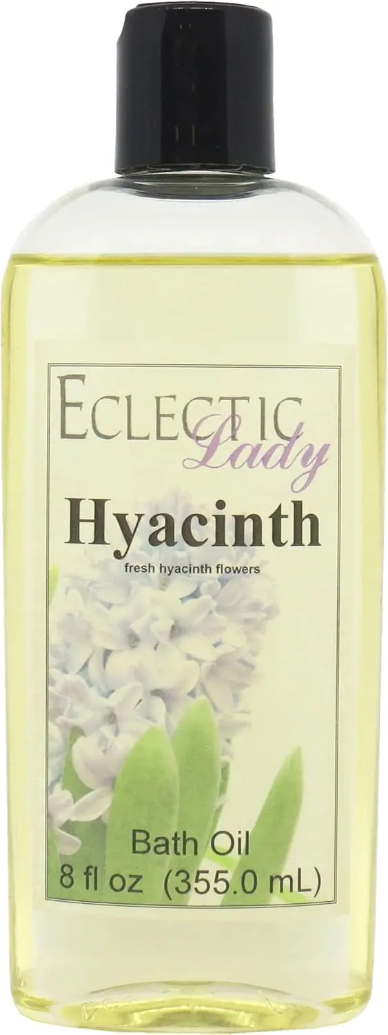 An 8 oz bottle of Hyacinth bath oil, handmade in the USA with sweet almond and organic jojoba oils, offering a captivating and phthalate-free floral fragrance.