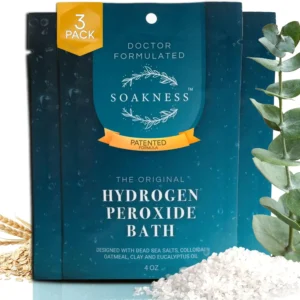 A three-pack of doctor-formulated hydrogen peroxide bath soak with epsom and magnesium salts for muscle recovery, skin detoxification, and a relaxing at-home spa experience.